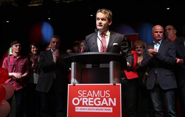 Seamus O'Regan, flanked by supporters, makes his acceptance speech at the Delta Hotel in downton St. John's following his win in the district of St. John's South on October 19, 2015.