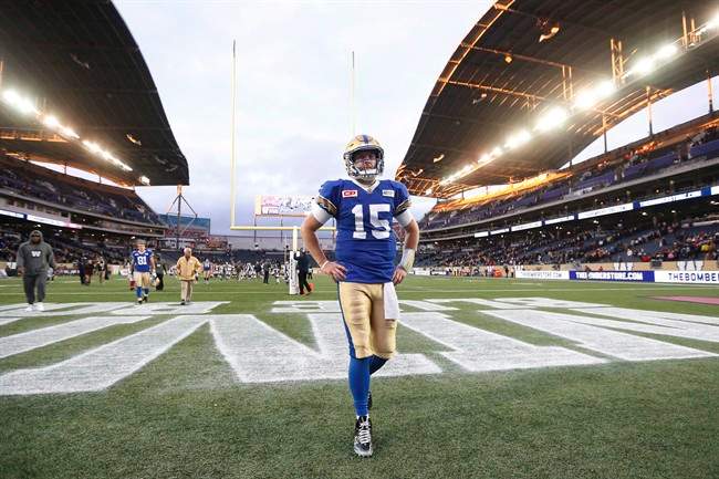 Winnipeg Blue Bombers' quarterback Matt Nichols walks off the field after the Ottawa Redblacks defeated them last October.