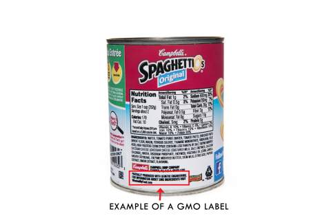 Campbell designed this label to comply with with pending GMO labelling legislation in Vermont. Campbell is calling for federal legislation to establish mandatory, national labeling standards for foods derived from genetically modified organisms. Courtesy: Campbell Soup Company