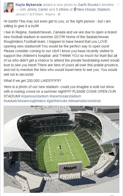 Regina woman makes online plea for Garth Brooks to open Mosaic Stadium - image