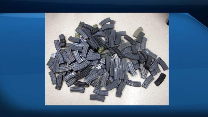 The 147 overcapacity magazines seized at North Portal on January 18.