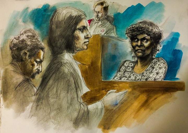 Elaine Biddersingh (right) answers Crown lawyer Anna Tenhouse question on Nov. 9, 2015.