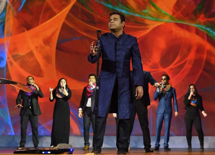 Composer A.R. Rahman performs during a keynote address by Intel Corp. CEO Brian Krzanich.