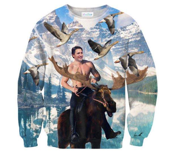 A new sweatshirt by Shelfies, dubbed the Moosin' Trudeau Sweater' showcases Prime Minister Justin Trudeau riding a moose while shirtless. 