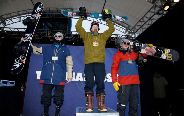 Mark McMorris, Sebastien Toutant and Mons Roisland during the medal ceremony for Men's Snowboard SlopeStyle at X Games