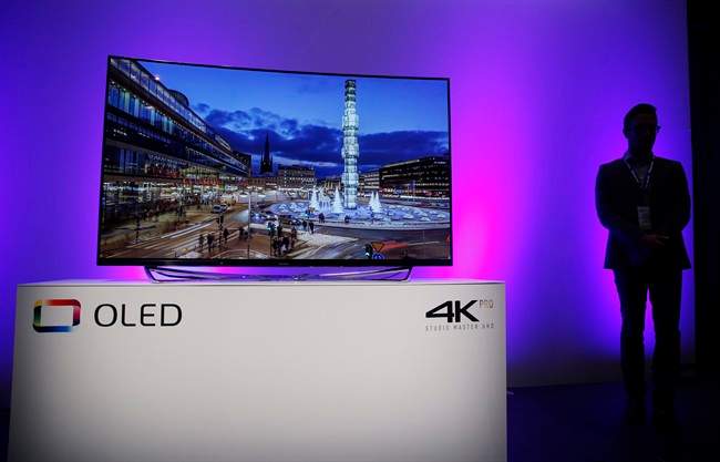 The Panasonic OLED 4K Pro Studio Master UHD television is on display during a Panasonic news conference at CES Press Day at CES International, Tuesday, Jan. 5, 2016, in Las Vegas.