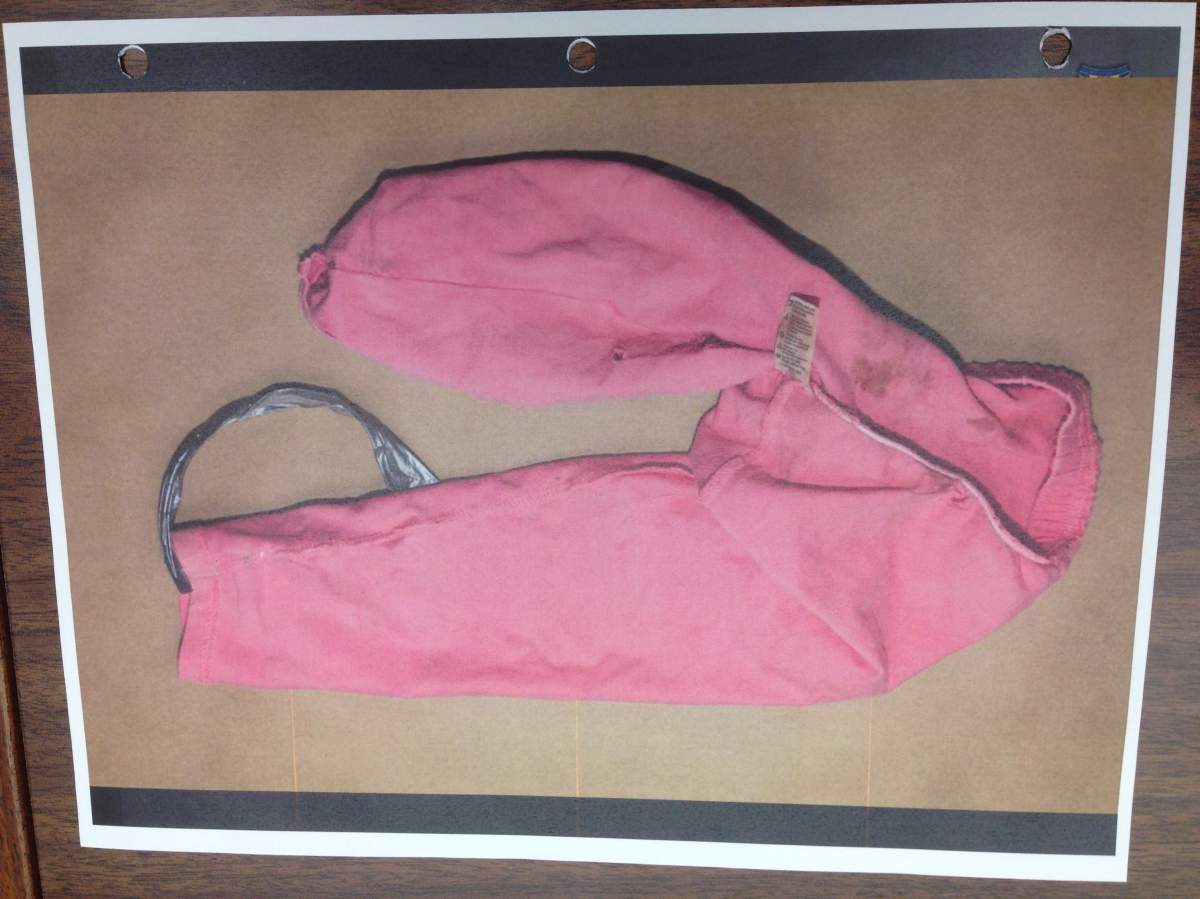 A photo infant pants with duct tape is shown in this photo of a courtroom picture presented as evidence at the trial of a couple accused of murder and bodily harm in Regina on Friday, January 29th.
