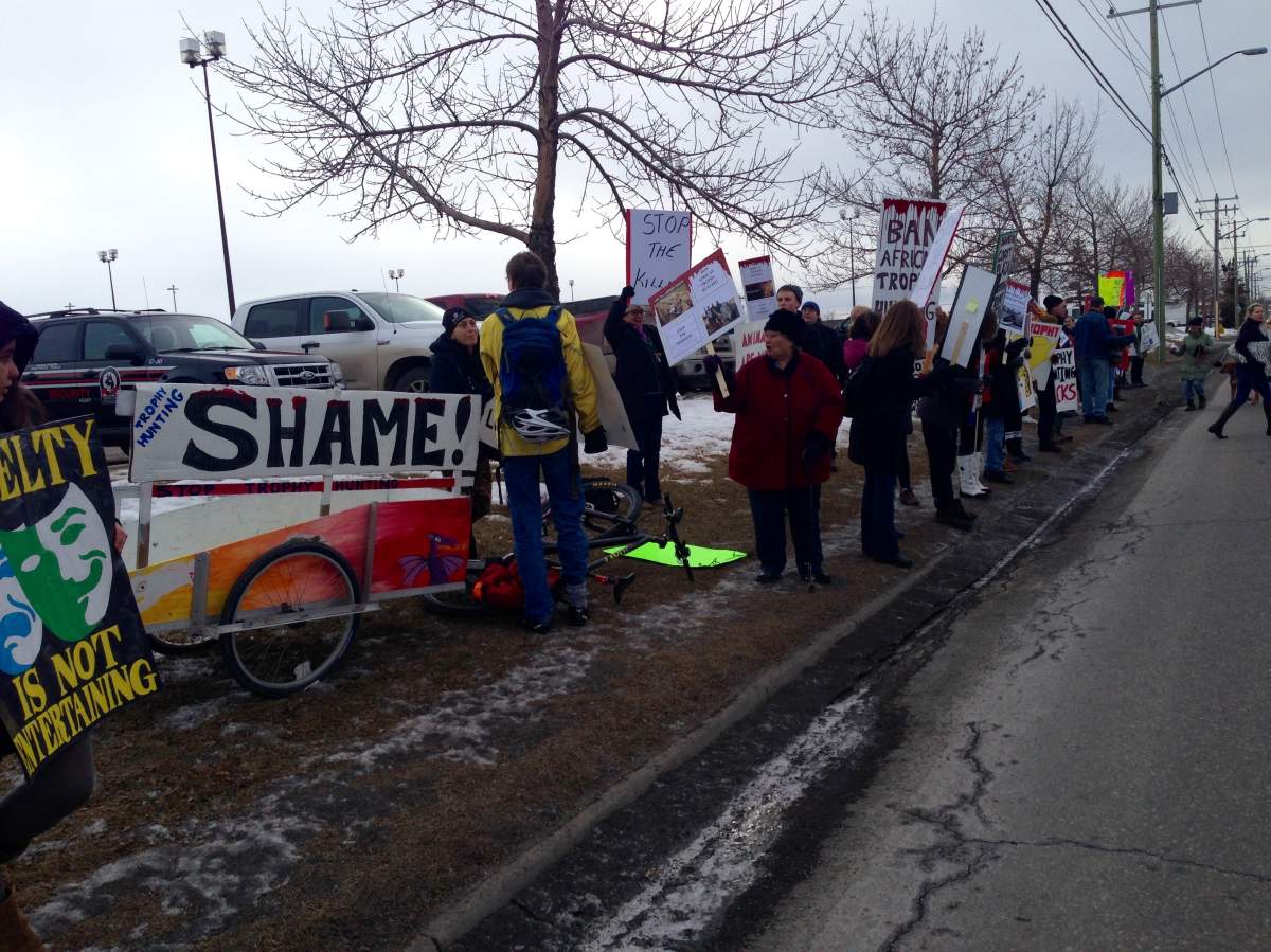 Protesters outside The Coast Hotel, taking up an issue with the African Events expo taking place inside. 
