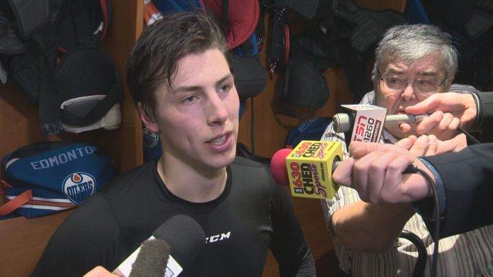 Ryan Nugent-Hopkins speaks to reporters after scoring the shootout winner for the Oilers in a 4-3 win over the Coyotes on Jan. 2, 2015.