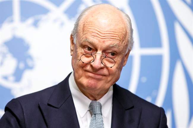 UN Special Envoy of the Secretary-General for Syria Staffan de Mistura informs the media on the Intra-Syrian Talks, during a press conference, at the European headquarters of the United Nations in Geneva, Switzerland, Monday, Jan. 25, 2016.