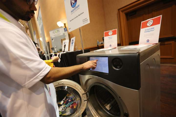 A Marathon Laundry Machine is connected to the internet at The CES Unveiled press event on January 4, 2016 in Las Vegas, Nevada.