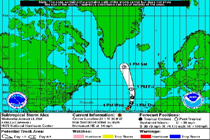 The projected path of Subtropical Storm Alex.