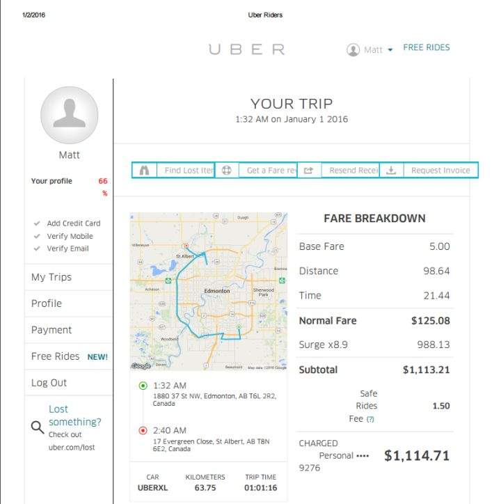 An Uber receipt for a ride from southeast Edmonton to St. Albert that cost the passenger more than $1,000.