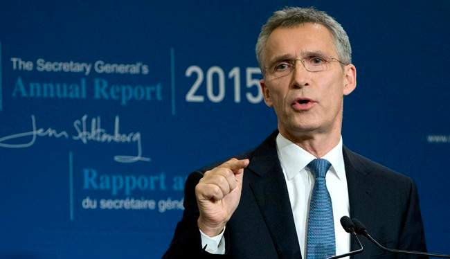NATO Secretary General Jens Stoltenberg speaks during a media conference as he presents the NATO annual report in Brussels on Thursday, Jan. 28, 2016. 