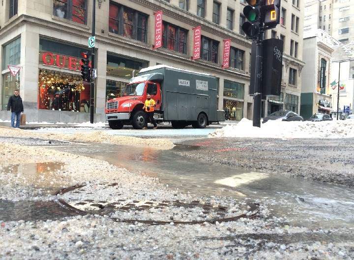 A water main break in Montreal on Jan. 2, 2016. Without more investment, Canadian cities could see even more such breaks.