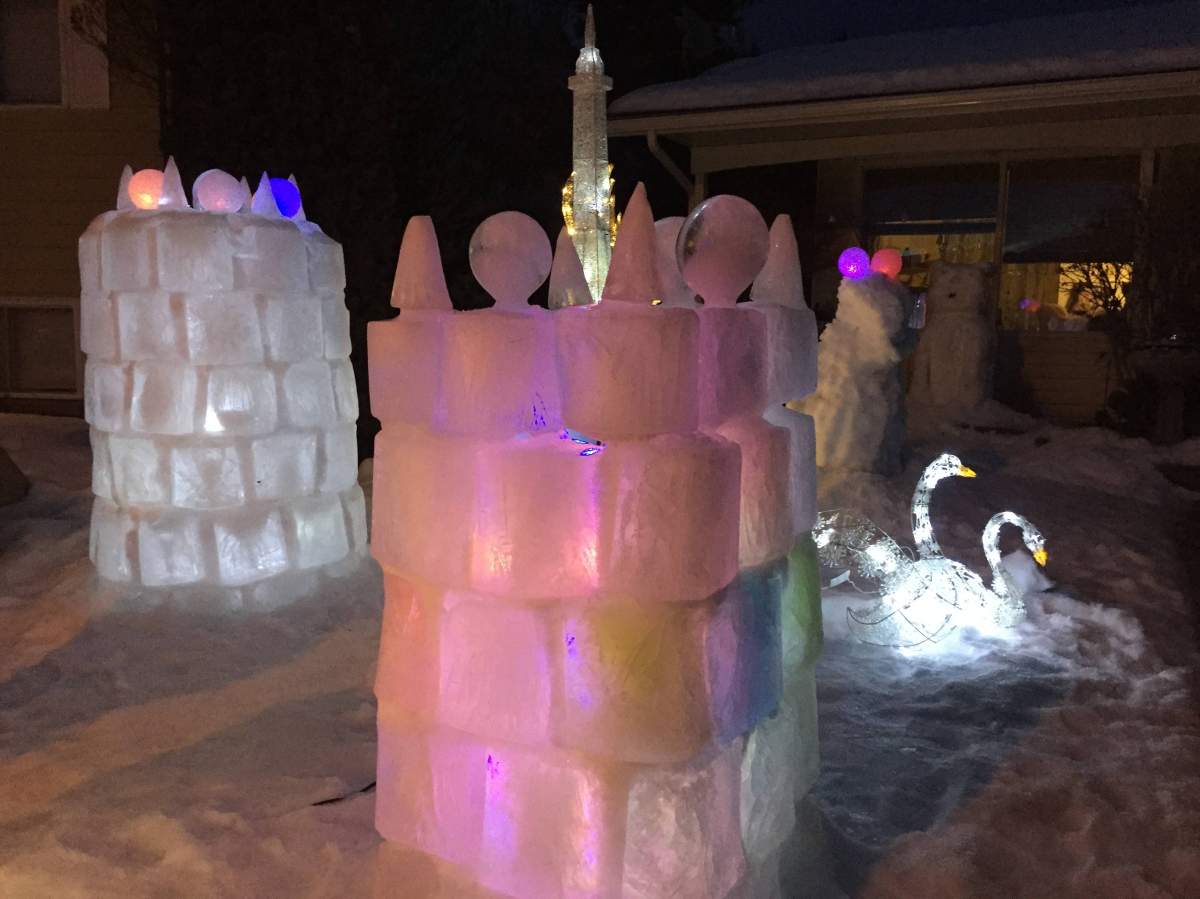 Laurie Keindel’s yard blends shrubs with art made from ice, snow and light to create a dynamic winterscape.