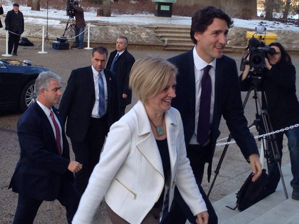 Alberta Premier Notley and Prime Minister Trudeau meet in Edmonton, Feb. 3, 2016.