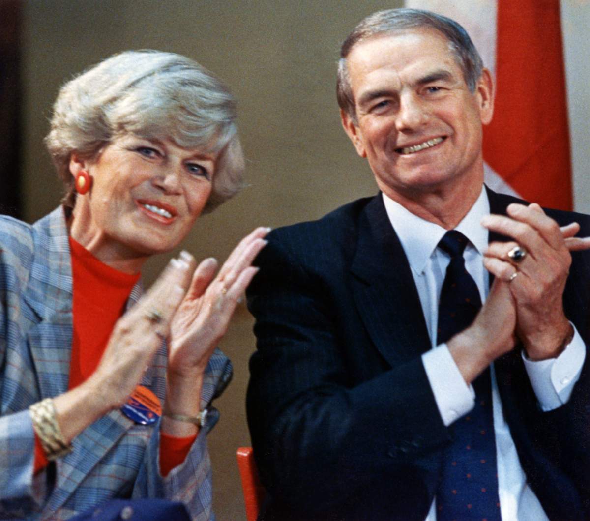 The late Alberta Premier Don Getty and his wife Margaret are greeted warmly at his nomination meeting in Stettler, Alta., Apr. 20, 1989.