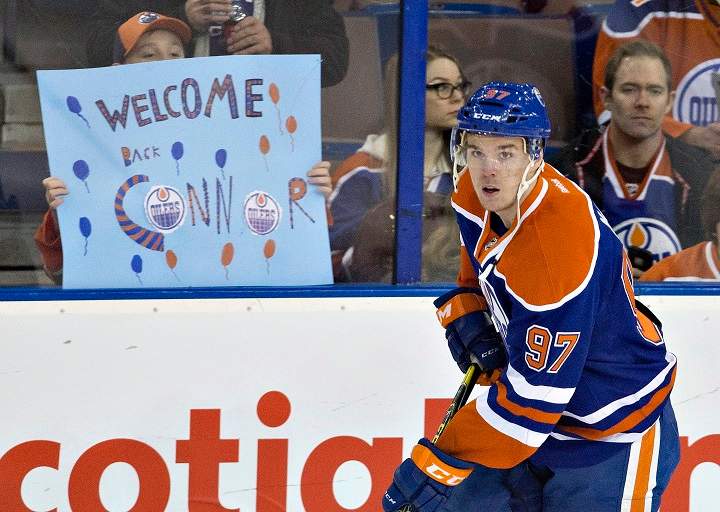 Edmonton Oilers’ Connor McDavid (97) skates during the warm up before taking on the Columbus Blue Jackets in NHL action in Edmonton, Alta., on Tuesday February 2, 2016.