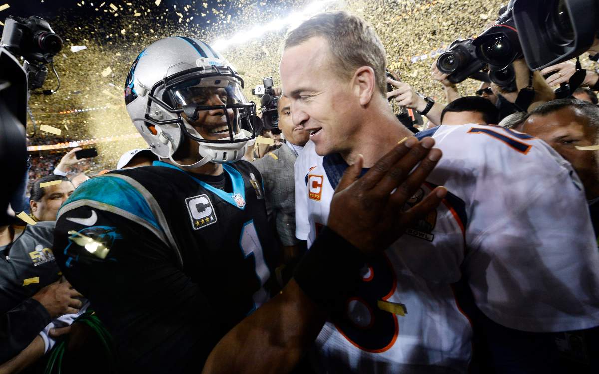 Denver Broncos quarterback Peyton Manning and Carolina Panthers quarterback Cam Newton together after the end of the NFL's Super Bowl 50 between the AFC Champion Denver Broncos and the NFC Champion Carolina Panthers at Levi's Stadium in Santa Clara, California, USA, 07 February 2016. 