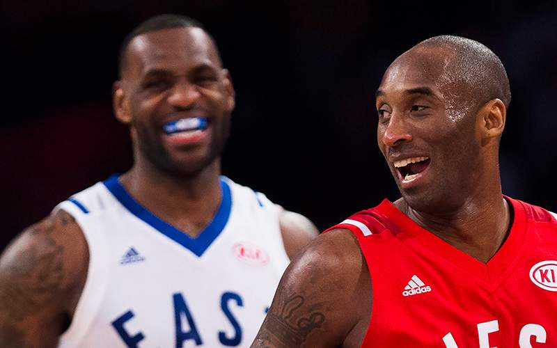 Western Conference's Kobe Bryant, of the Los Angeles Lakers, and Eastern Conference's LeBron James, of the Cleveland Cavaliers, laugh during second half NBA All-Star Game basketball action in Toronto on Sunday, February 14, 2016. 