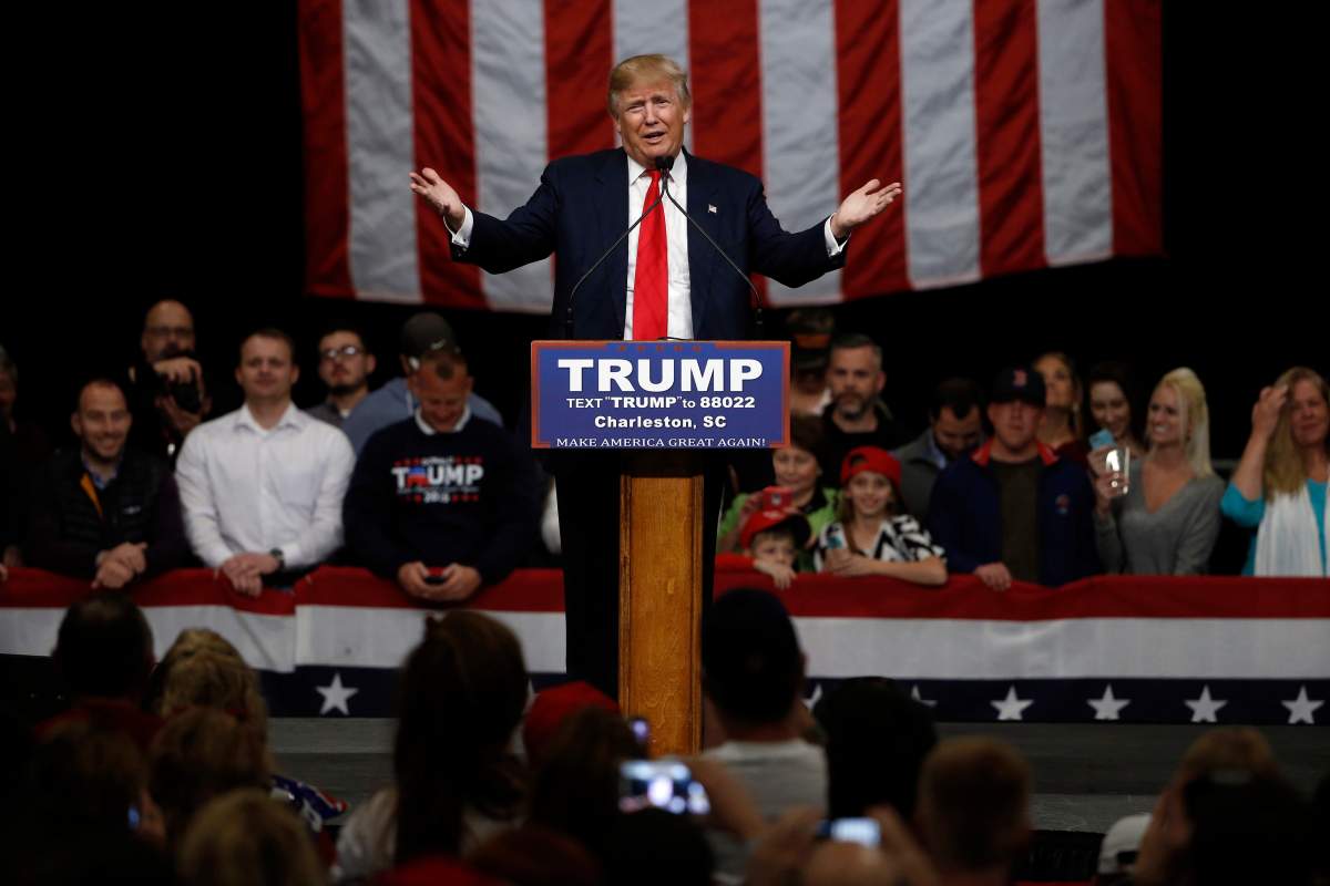 Republican presidential candidate Donald Trump speaks during a campaign stop Friday, Feb. 19, 2016, in North Charleston, S.C. 
