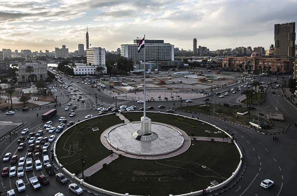 An Egyptian national flag flutters over Cairo's Tahrir Square on January 24, 2016, on the eve of the anniversary of the 2011 uprising.