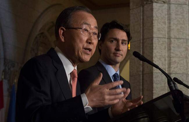 Prime Minister Justin Trudeau and United Nations Secretary General Ban Ki-moon take part in a joint news conference in the Foyer of the House of Commons on Parliament hill in Ottawa, Thursday, February 11, 2016.