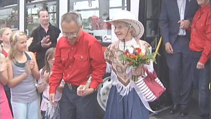 Bennie Parno taking transit to the Calgary Stampede in 2015.