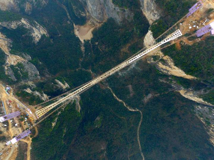 An aerial view of a suspension bridge 300 metres above ground that will feature a glass bottom. 