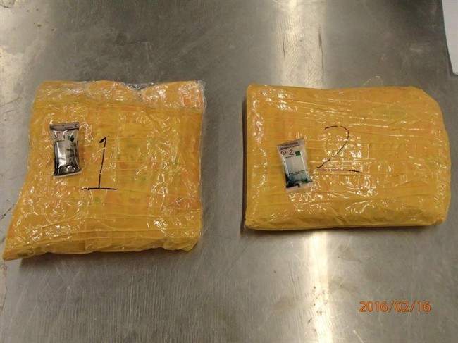 Two packages of heroin seized by the Canadian Border Services Agency in Toronto in February 2016. File photo.