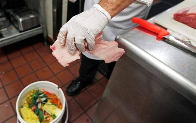 A chef drops beef scraps into a bucket of food waste in Middleton, Mass., Monday, June 11, 2012. 
