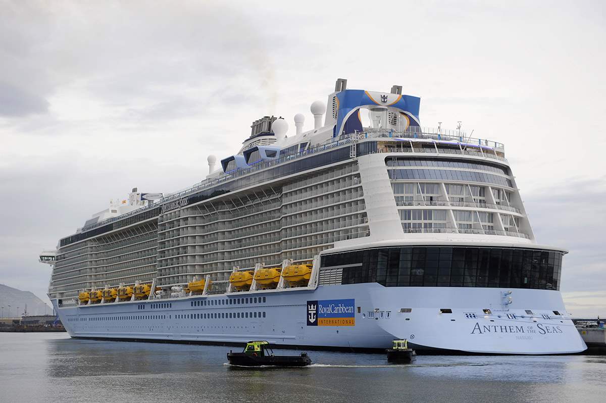 The Royal Caribbean's latest cruise liner 'Anthem Of The Seas', the third largest ship in the world, is moored at the port of Bilbao during its maiden voyage, on April 26, 2015. 