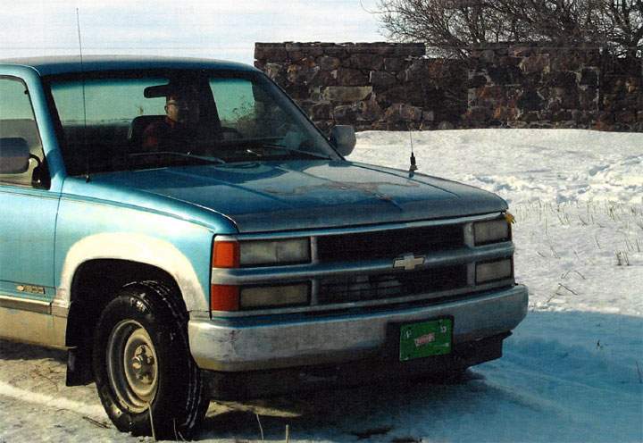 The truck is described as light blue in colour and has a picture of a bull’s head painted on the hood.