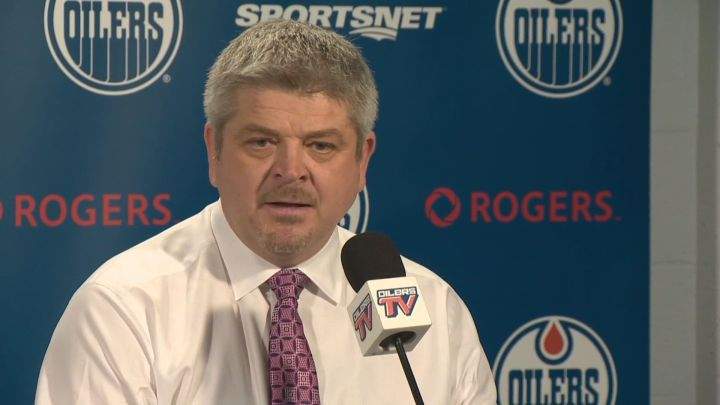 Edmonton Oilers' head coach Todd McLellan addresses the media following his team's 5-3 loss to the Anaheim Ducks on Tuesday, Feb. 16, 2016.