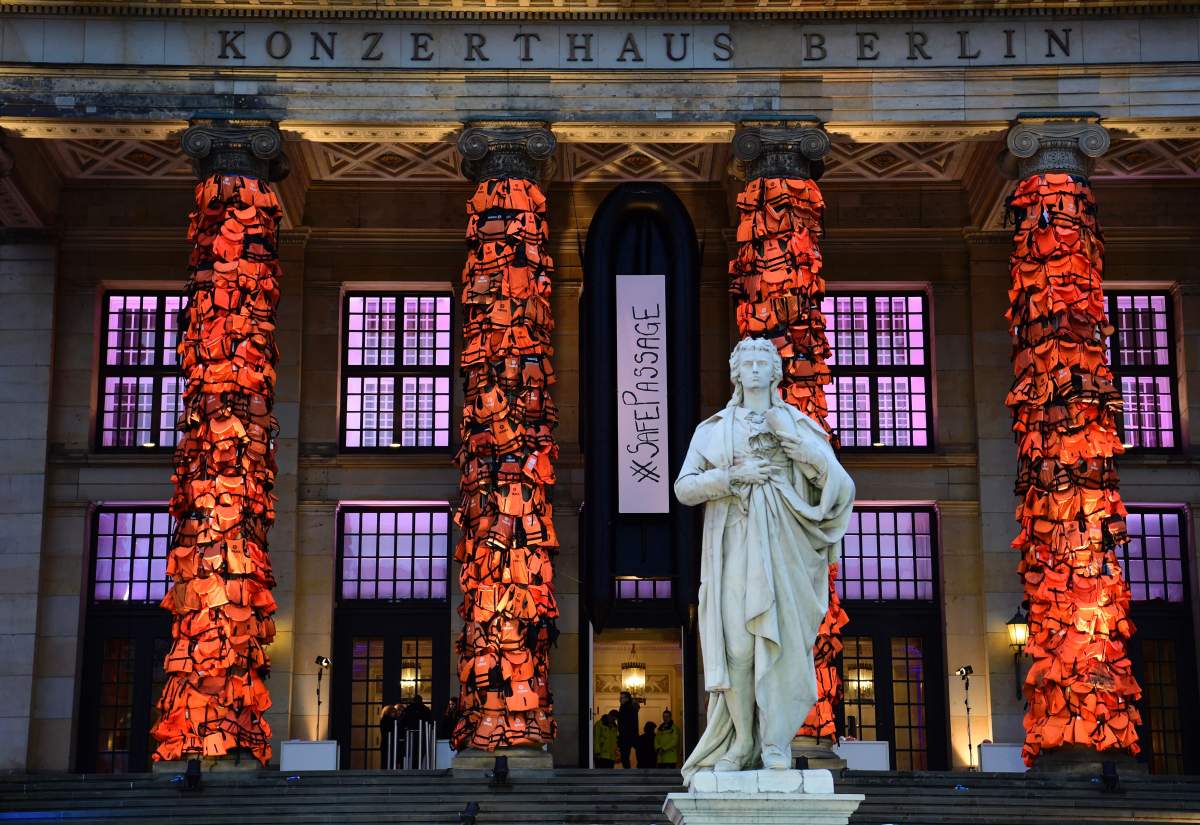 The installation is intended to remind people of the ongoing refugee crisis ahead the Cinema for Peace event at the Konzerthaus in Berlin on February 15, 2016, on the sidelines of the Berlinale Film Festival. / AFP / John MACDOUGALL