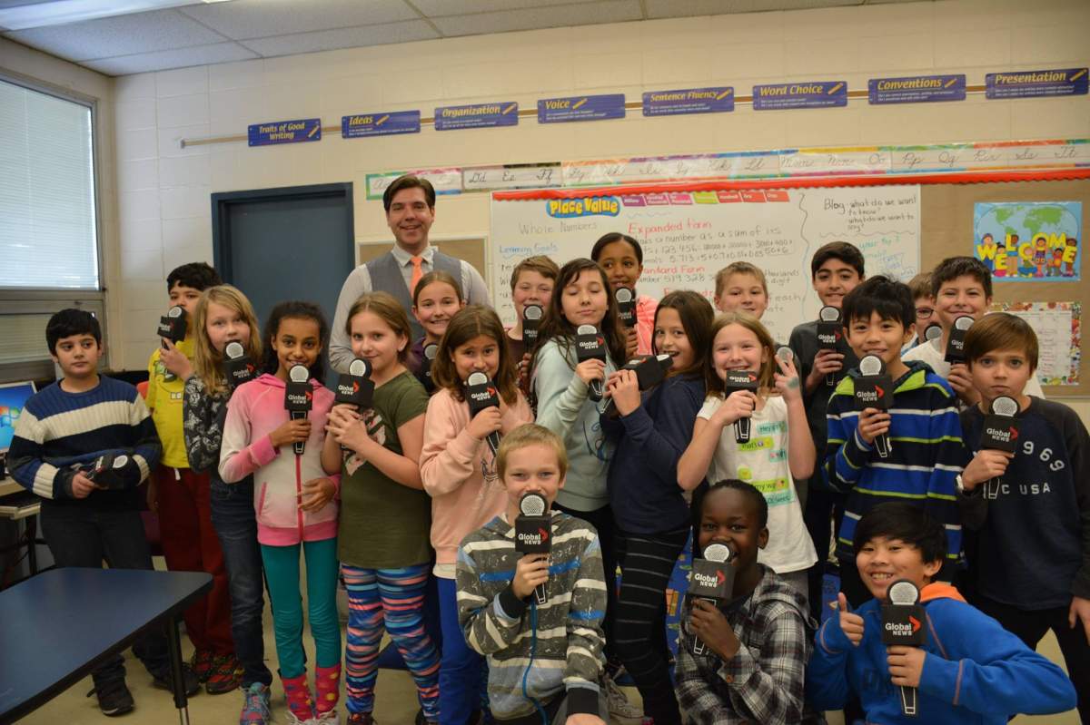 Jesse Beyer with a class of students participating in the Global Weather School. November 2015.