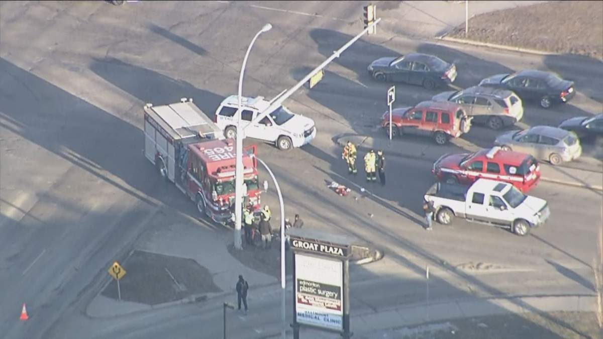 Emergency crews responded Thursday morning to a collision involving a pedestrian at Groat Road and 111th Ave, a busy collision in west Edmonton.  February 25, 2016.