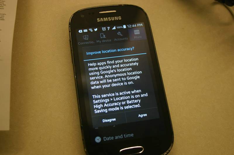  An Android device warns its user that their location will be sent to Google.