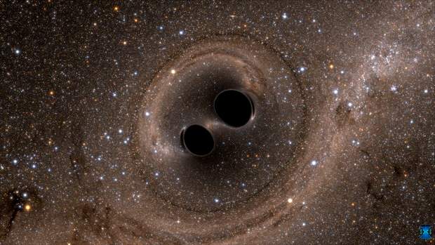 The collision of two black holes holes—a tremendously powerful event detected for the first time ever by the Laser Interferometer Gravitational-Wave Observatory, or LIGO—is seen in this still from a computer simulation.
