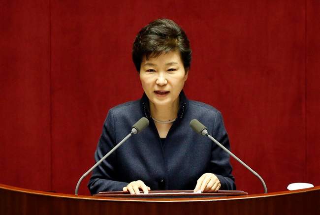 South Korean President Park Geun-hye delivers a speech at the National Assembly in Seoul, South Korea, Tuesday, Feb. 16, 2016. 