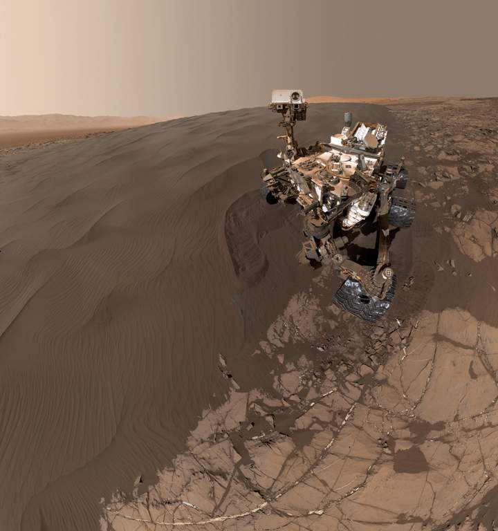 This Jan. 19, 2016, self-portrait of NASA's Curiosity Mars rover shows the vehicle at "Namib Dune," where the rover's activities included scuffing into the dune with a wheel and scooping samples of sand for laboratory analysis.