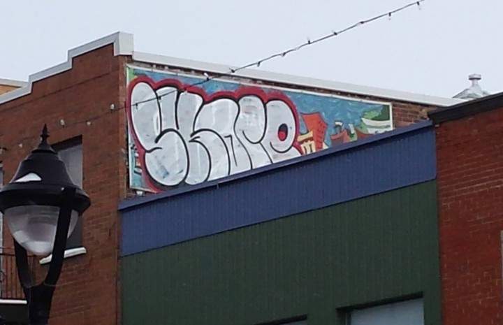 Graffiti covers Chantal Larivière's artwork on Ontario Street Est in Hochelaga-Maisonneuve, Monday, February 15, 2016.