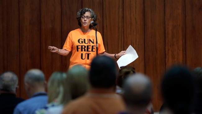 FILE - In a Wednesday, Sept. 30, 2015 file photo, Professor Joan Neuberger speaks during a public forum on how to implement a new law allowing students with concealed weapons permits to carry firearms into class and other campus buildings, in Austin, Texas. Some faculty members at the University of Houston say sensitive subjects may become taboo in their classrooms because of a law allowing Texas public university students to bring guns to class. The law takes effect in August 2016. 
