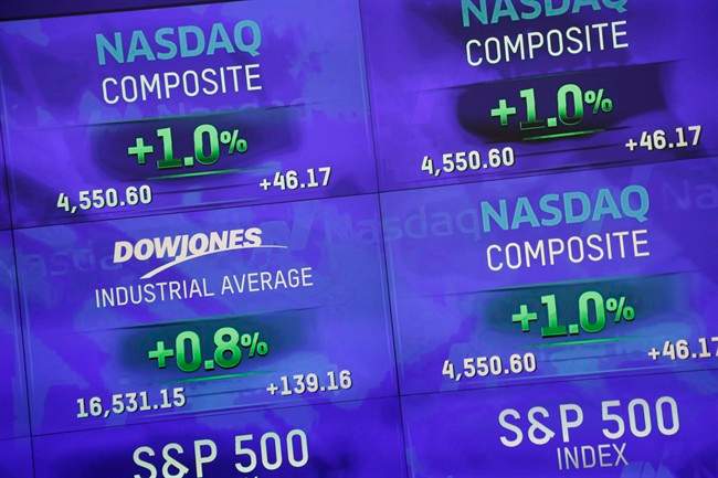 Electronic signs for The Nasdaq Composite Index and Dow Jones Industrial Average are displayed at the Nasdaq MarketSite, Monday, Feb. 22, 2016 in New York.