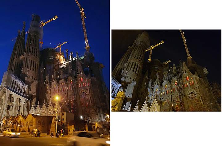 Samsung’s S7 smaller 12 MP camera shines in better quality pictures as shown in dusk and night handheld photos of the Sagrada Familia in Barcelona.
