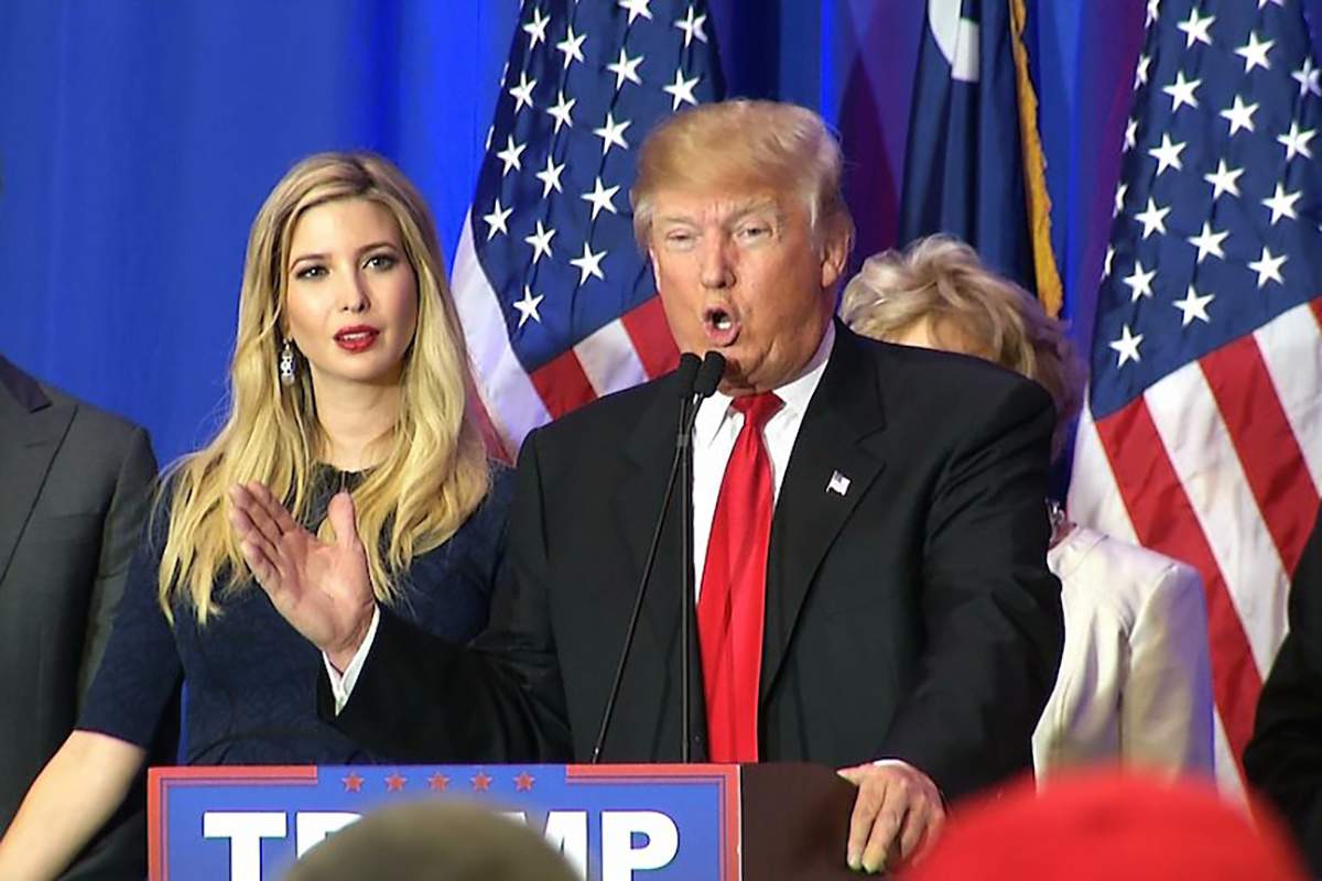 Ivanka Trump, the daughter of Republican presidential candidate Donald Trump, looks on as her father addresses supporters in Spartanburg, South Carolina, on Saturday, Feb. 20, 2016.