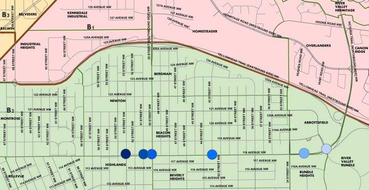 A map showing where vandals targeted bus shelters in Edmonton during the early hours of Feb. 26, 2016.