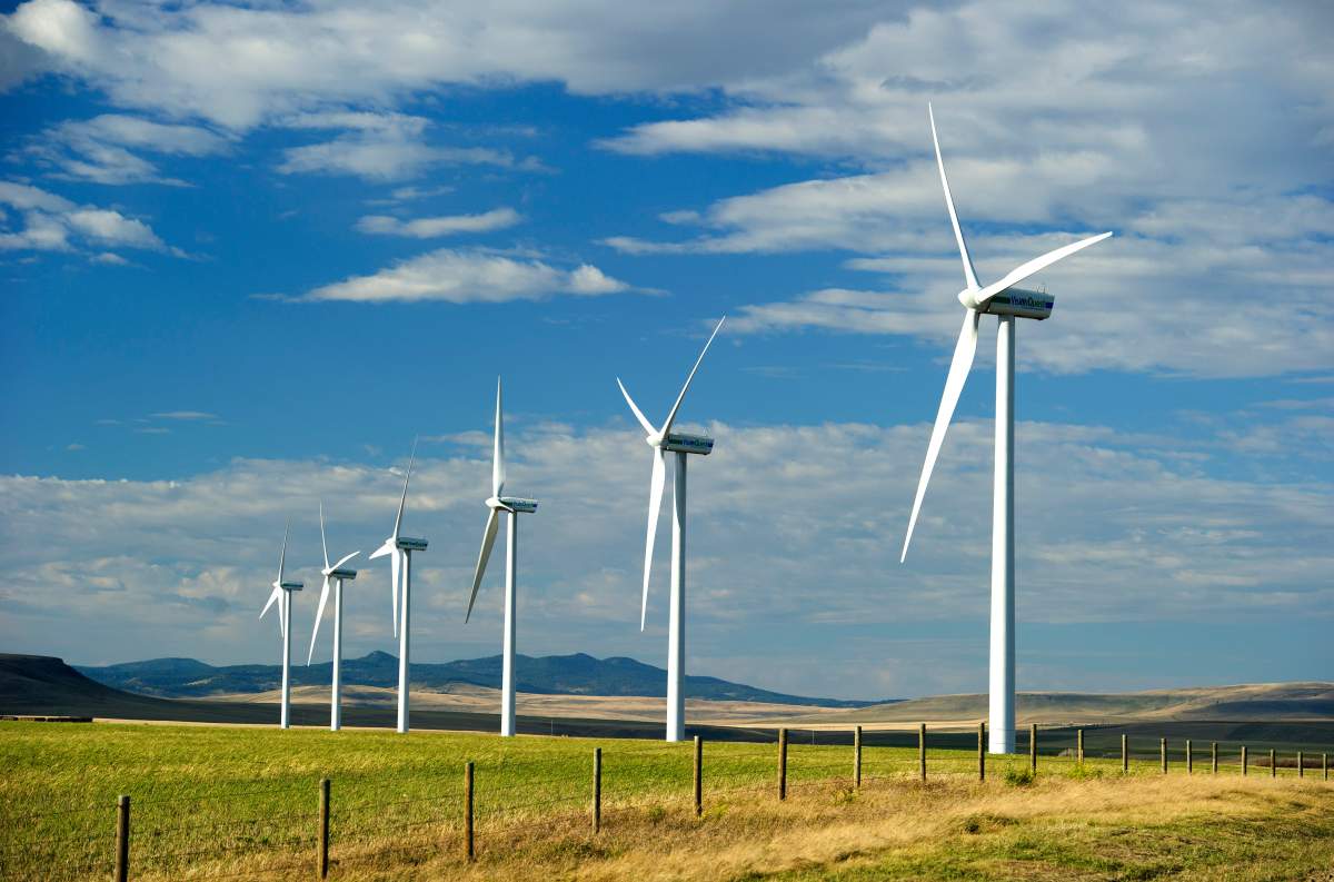 Wind energy turbine generators at the Summerview Wind Farm near Pincher Creek, Alberta.