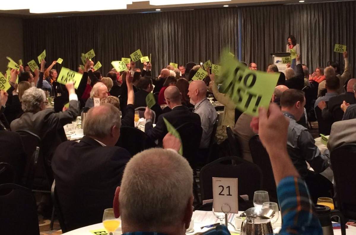 Alberta mayors showing their support of the energy east pipeline at their March caucus.